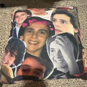 Collage Face Pillow with Pink Hearts
